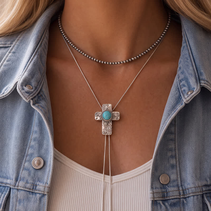 Collana Faith In The West 2 in 1 con croce turchese e ciondolo bolo a forma di Y con perline. - image 1