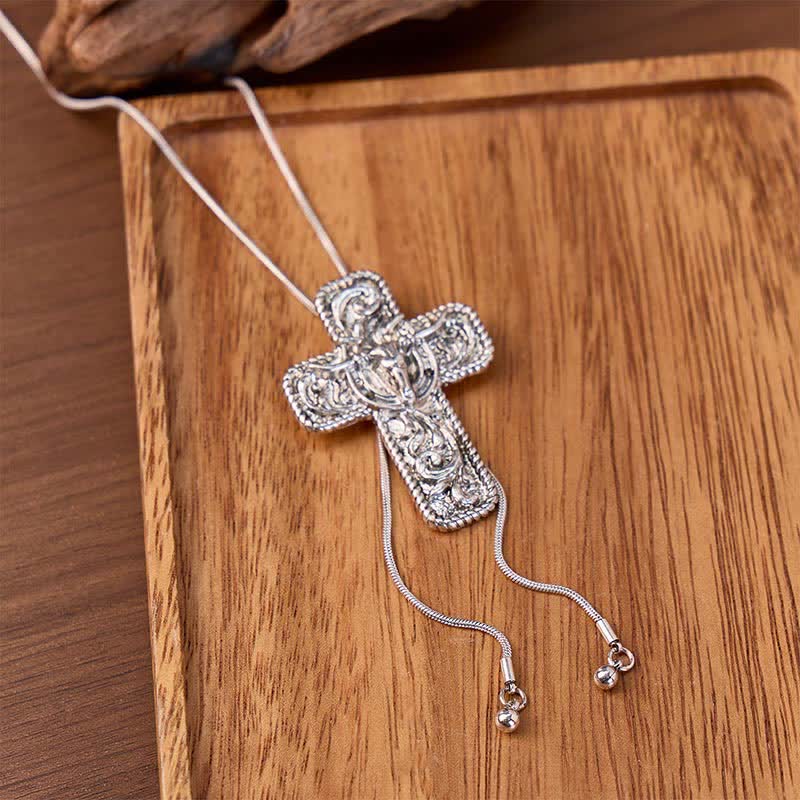 Collana bolo a forma di Y con decorazioni incise a volute, scritta "Cowboy Faith & Horns". - Argento - image 0