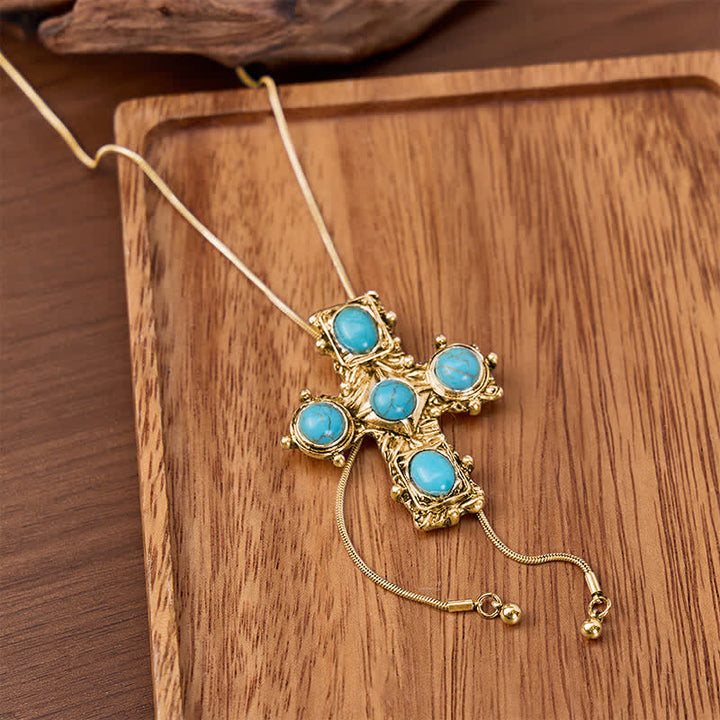 Collana Bolo a forma di Y con croce turchese occidentale e cinque benedizioni - Oro - image 4