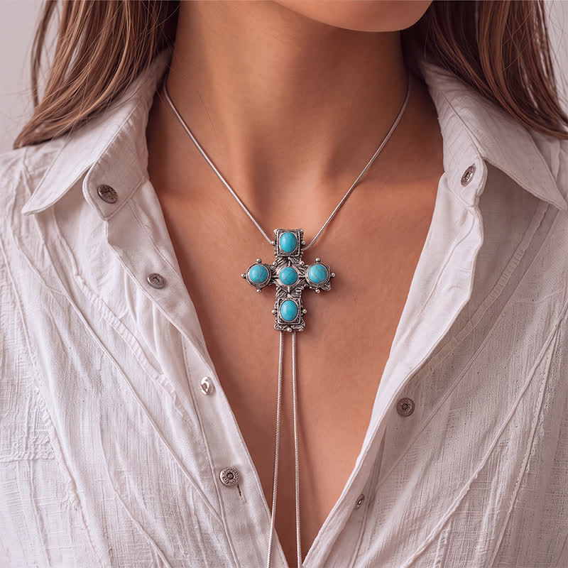 Collana Bolo a forma di Y con croce turchese occidentale e cinque benedizioni - image 1