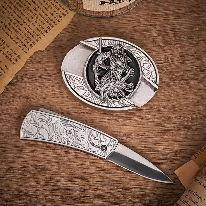 Cintura in pelle con fibbia a coltello pieghevole nascosto fai-da-te a tema guerriero scheletro della morte - image 1