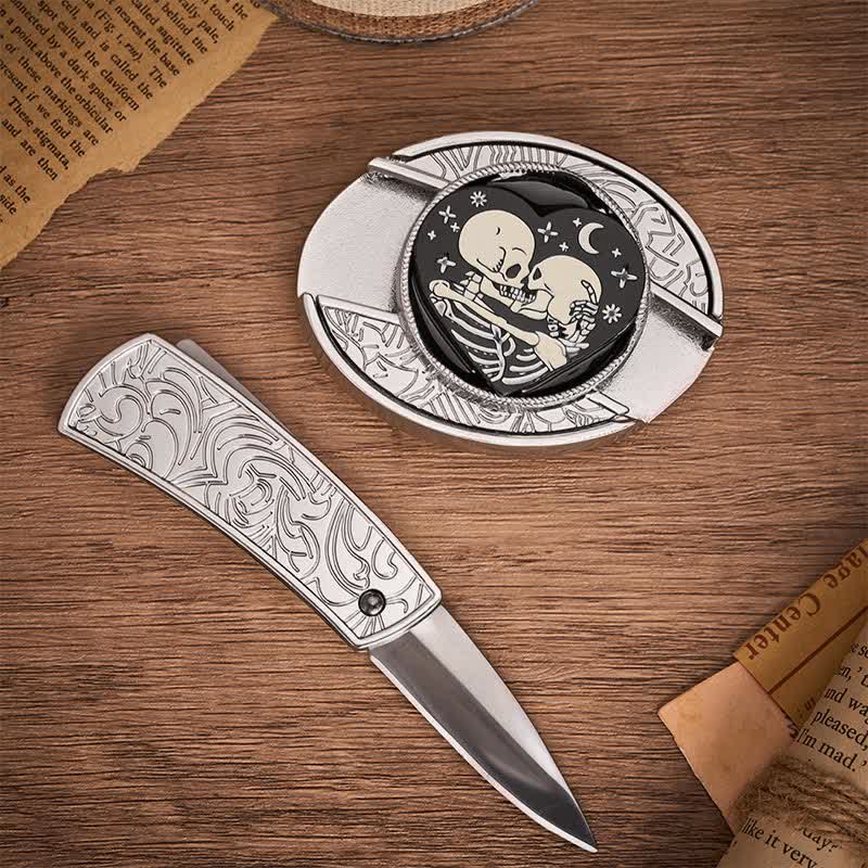 Cintura in pelle con fibbia a coltello pieghevole nascosta, stile gotico, per amanti degli scheletri, fai da te. - image 1