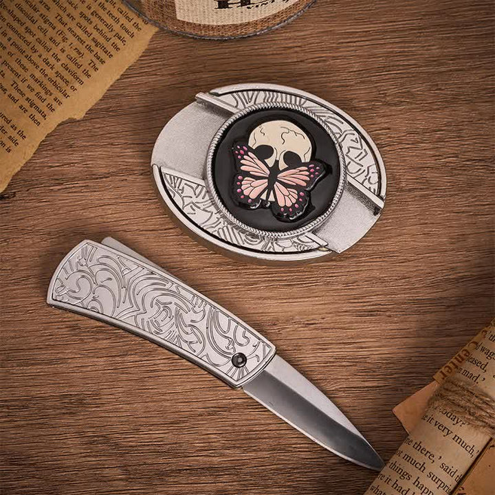 Cintura in pelle con fibbia a coltello pieghevole nascosto fai-da-te a forma di farfalla con teschio e farfalla. Vita e morte. - image 1