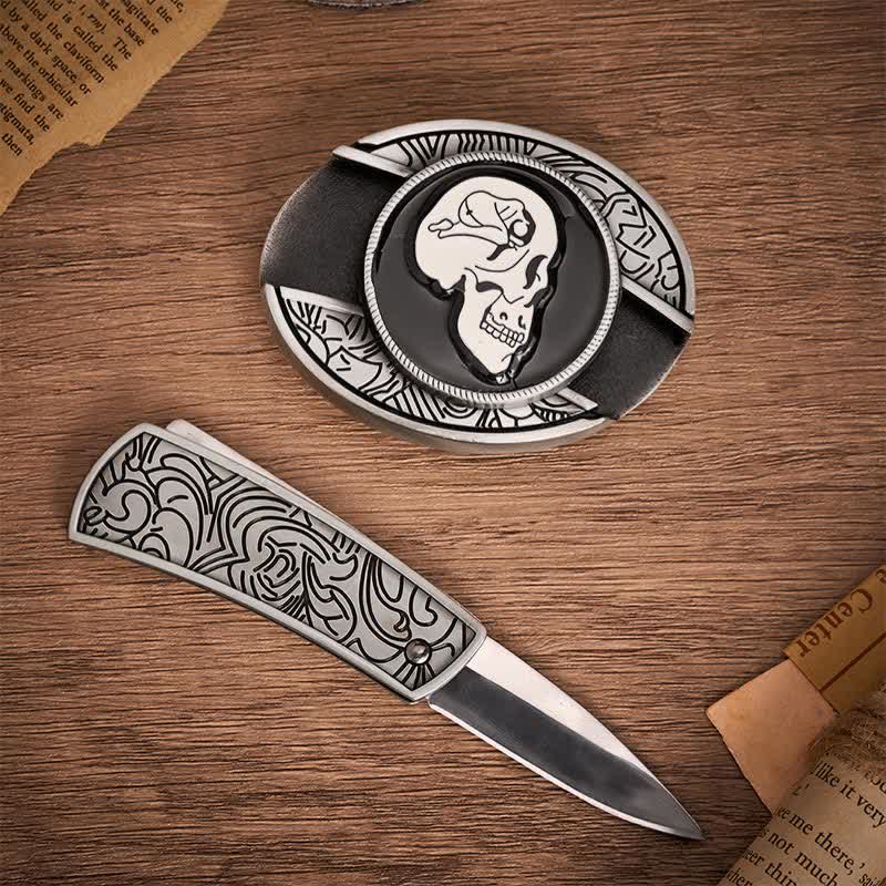 Il sogno del teschio Arte surrealista Fai da te Fibbia per cintura in pelle con coltello pieghevole nascosto - image 1