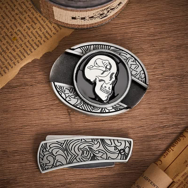 Il sogno del teschio Arte surrealista Fai da te Fibbia per cintura in pelle con coltello pieghevole nascosto - image 10