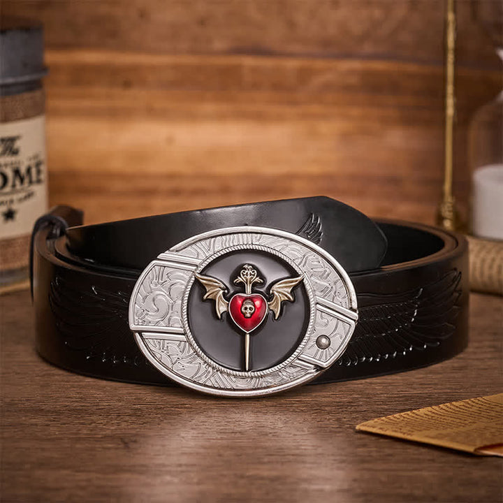 Cintura in pelle con fibbia a coltello pieghevole nascosto fai-da-te a forma di ali di pipistrello e teschio, cuore di vampiro e coltello a serramanico fai-da-te. - Cuore di pipistrello - Cintura nera con aquila in rilievo - 42 - image 2