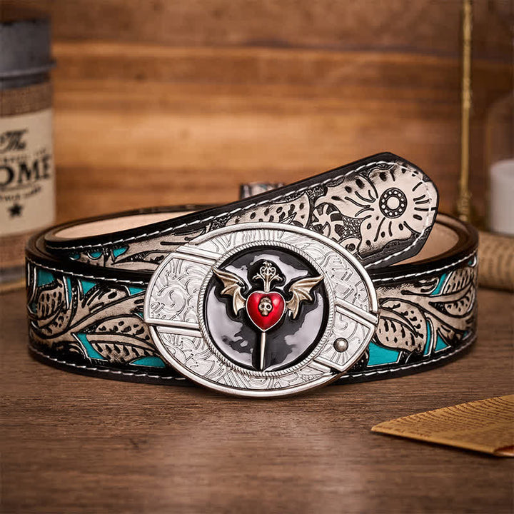 Cintura in pelle con fibbia a coltello pieghevole nascosto fai-da-te a forma di ali di pipistrello e teschio, cuore di vampiro e coltello a serramanico fai-da-te. - Cuore di pipistrello - Cintura grigia a fiori - 42 - image 8
