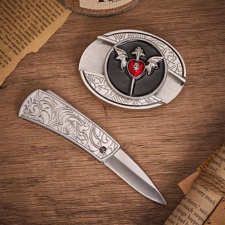 Cintura in pelle con fibbia a coltello pieghevole nascosto fai-da-te a forma di ali di pipistrello e teschio, cuore di vampiro e coltello a serramanico fai-da-te. - image 1