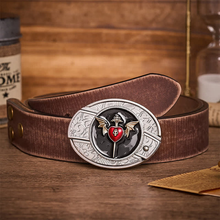 Cintura in pelle con fibbia a coltello pieghevole nascosto fai-da-te a forma di ali di pipistrello e teschio, cuore di vampiro e coltello a serramanico fai-da-te. - Cuore di pipistrello - Cintura marrone effetto invecchiato - 42 - image 5