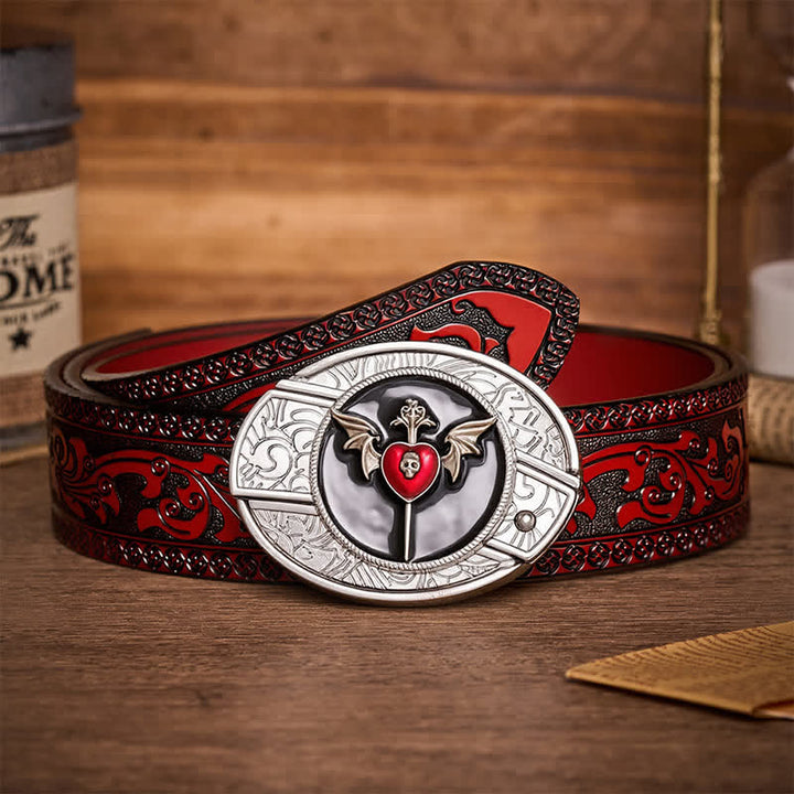 Cintura in pelle con fibbia a coltello pieghevole nascosto fai-da-te a forma di ali di pipistrello e teschio, cuore di vampiro e coltello a serramanico fai-da-te. - Cuore di pipistrello - Cintura intagliata marrone - 42 - image 6