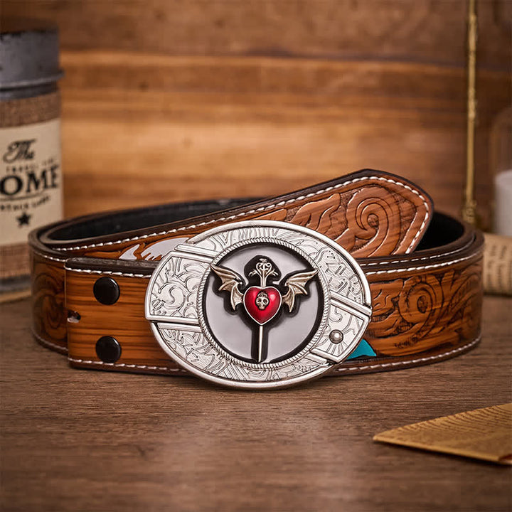 Cintura in pelle con fibbia a coltello pieghevole nascosto fai-da-te a forma di ali di pipistrello e teschio, cuore di vampiro e coltello a serramanico fai-da-te. - Cuore di pipistrello - Cintura di piume marroni - 40 - image 7