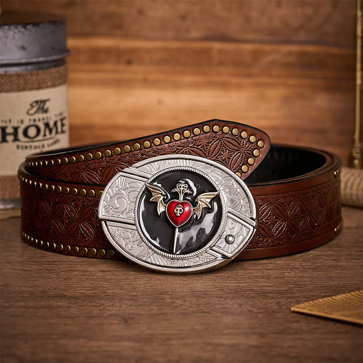 Cintura in pelle con fibbia a coltello pieghevole nascosto fai-da-te a forma di ali di pipistrello e teschio, cuore di vampiro e coltello a serramanico fai-da-te. - Cuore di pipistrello - Cintura con rivetti marroni - 42 - image 4