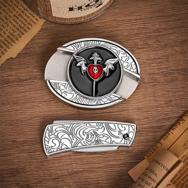 Cintura in pelle con fibbia a coltello pieghevole nascosto fai-da-te a forma di ali di pipistrello e teschio, cuore di vampiro e coltello a serramanico fai-da-te. - image 10