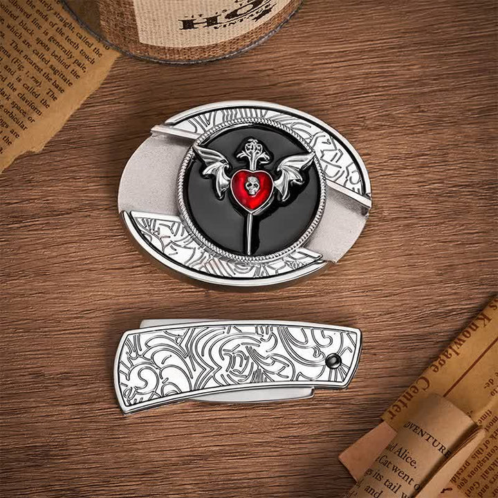 Cintura in pelle con fibbia a coltello pieghevole nascosto fai-da-te a forma di ali di pipistrello e teschio, cuore di vampiro e coltello a serramanico fai-da-te. - image 10