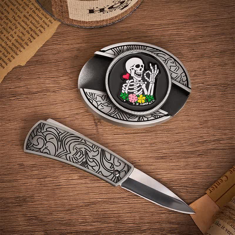 Ok, fibbia per cintura in pelle con coltello pieghevole nascosto fai da te a forma di fiore scheletro - image 1