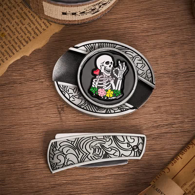 Ok, fibbia per cintura in pelle con coltello pieghevole nascosto fai da te a forma di fiore scheletro - image 10