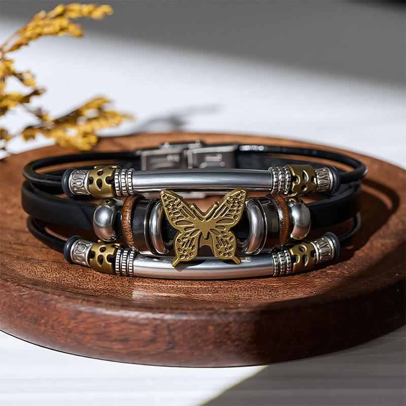 Bracciale vintage a più strati in pelle stile vichingo con farfalle - Nero e bronzo - image 0