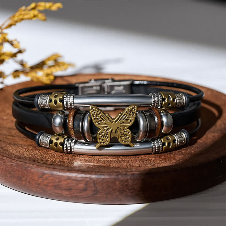 Bracciale vintage a più strati in pelle stile vichingo con farfalle - Nero e bronzo - image 0