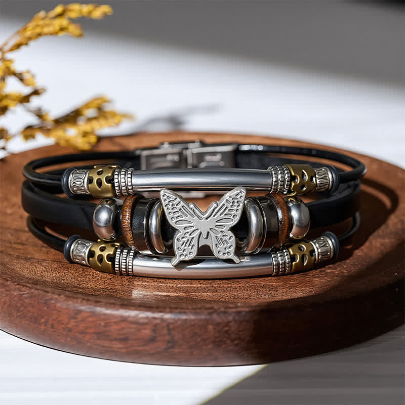 Bracciale vintage a più strati in pelle stile vichingo con farfalle - Nero e argento - image 7