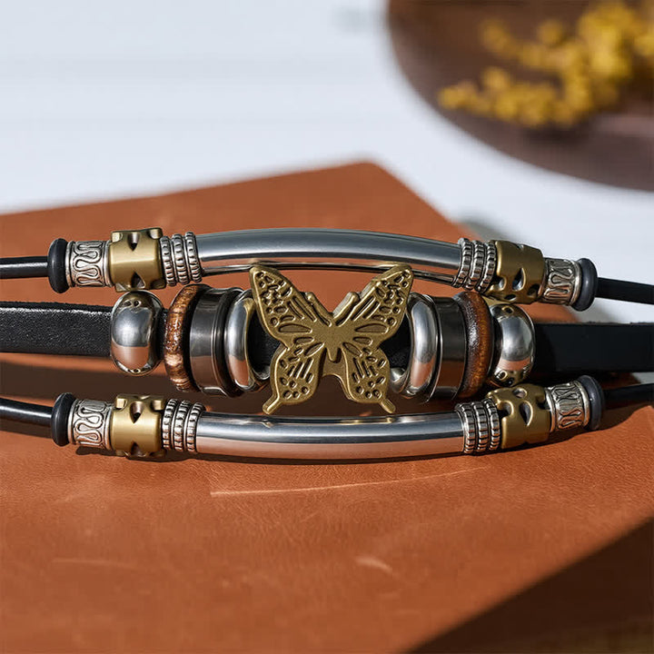 Bracciale vintage a più strati in pelle stile vichingo con farfalle - image 5