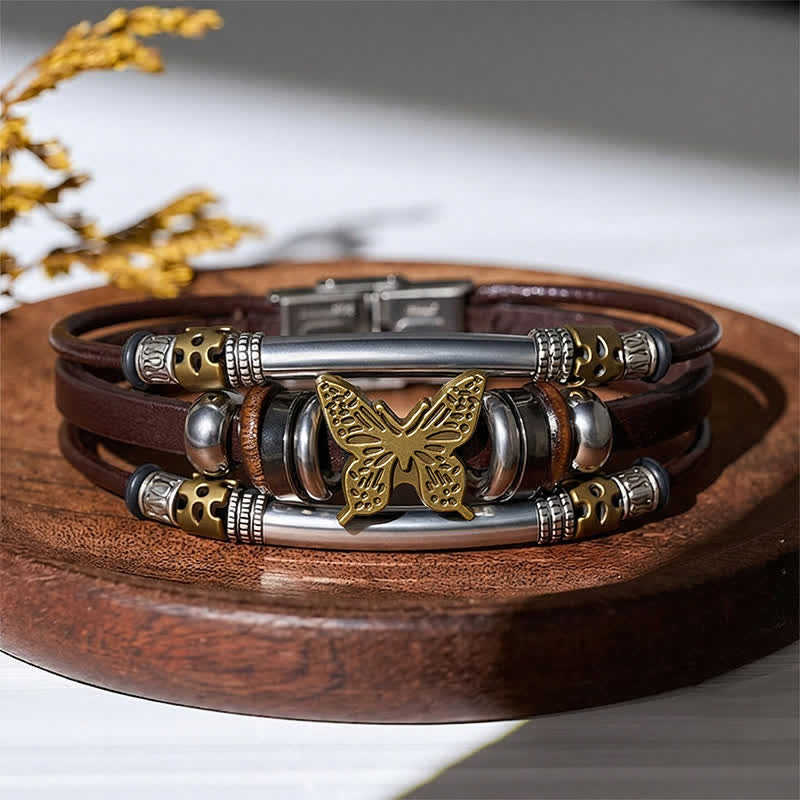 Bracciale vintage a più strati in pelle stile vichingo con farfalle - Marrone e bronzo - image 6