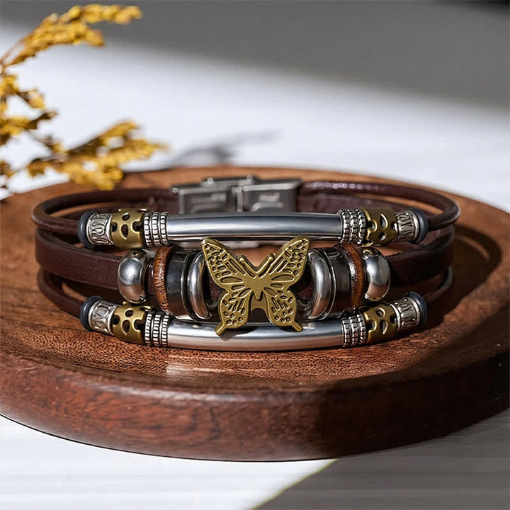Bracciale vintage a più strati in pelle stile vichingo con farfalle - Marrone e bronzo - image 6