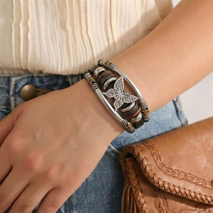 Bracciale vintage a più strati in pelle stile vichingo con farfalle - image 1