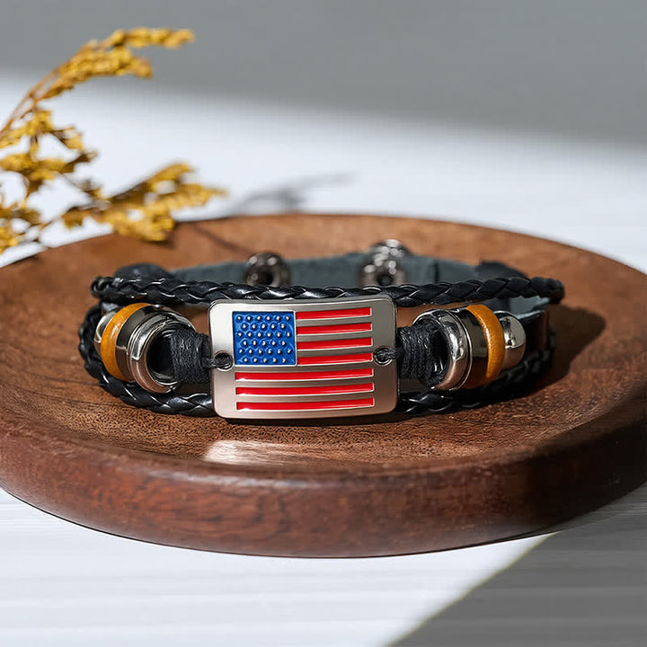 Bracciale in pelle vintage con bandiera USA regolabile e chiusura a scatto. - Nero - image 0