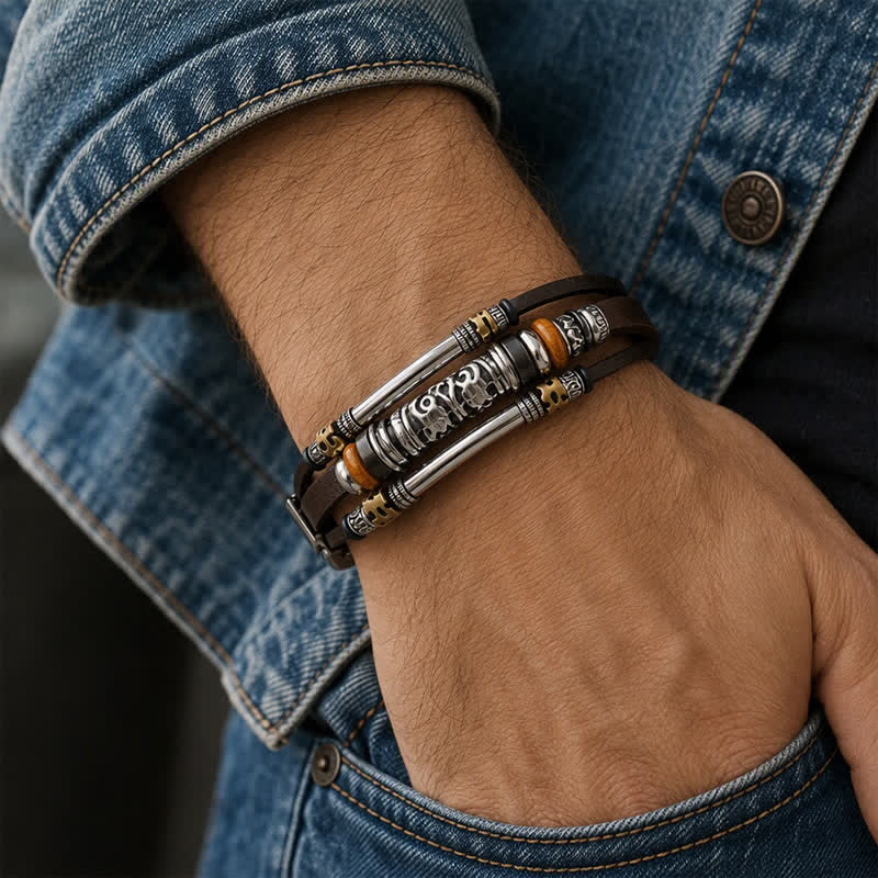 Bracciale in pelle multistrato stile punk retrò con perline cave in lega, - image 2