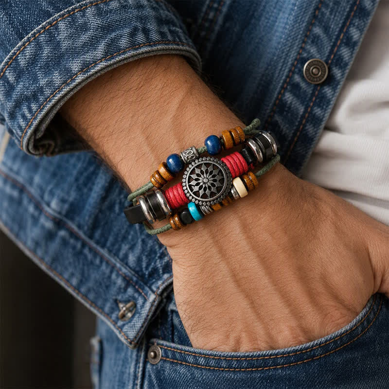 Bracciale in pelle vintage etnico multistrato stile bohémien, impilabile - image 1