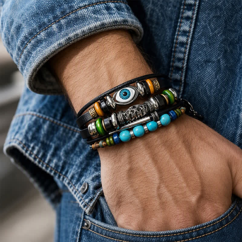 Bracciale in pelle vintage etnico multistrato stile bohémien, impilabile - image 4