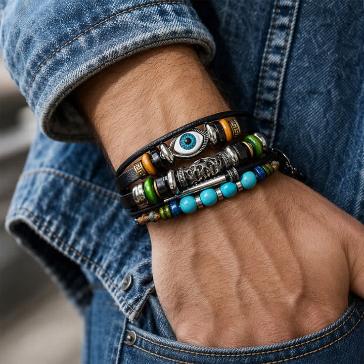 Bracciale in pelle vintage etnico multistrato stile bohémien, impilabile - image 4