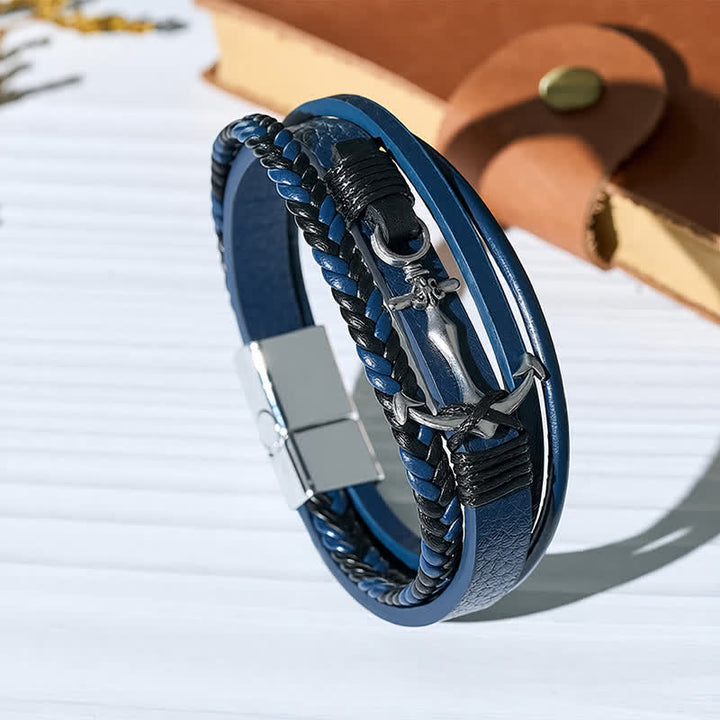 Bracciale in pelle con ancora nautica e chiusura regolabile a scatto, con bottone a pressione. - Blu navy - image 3