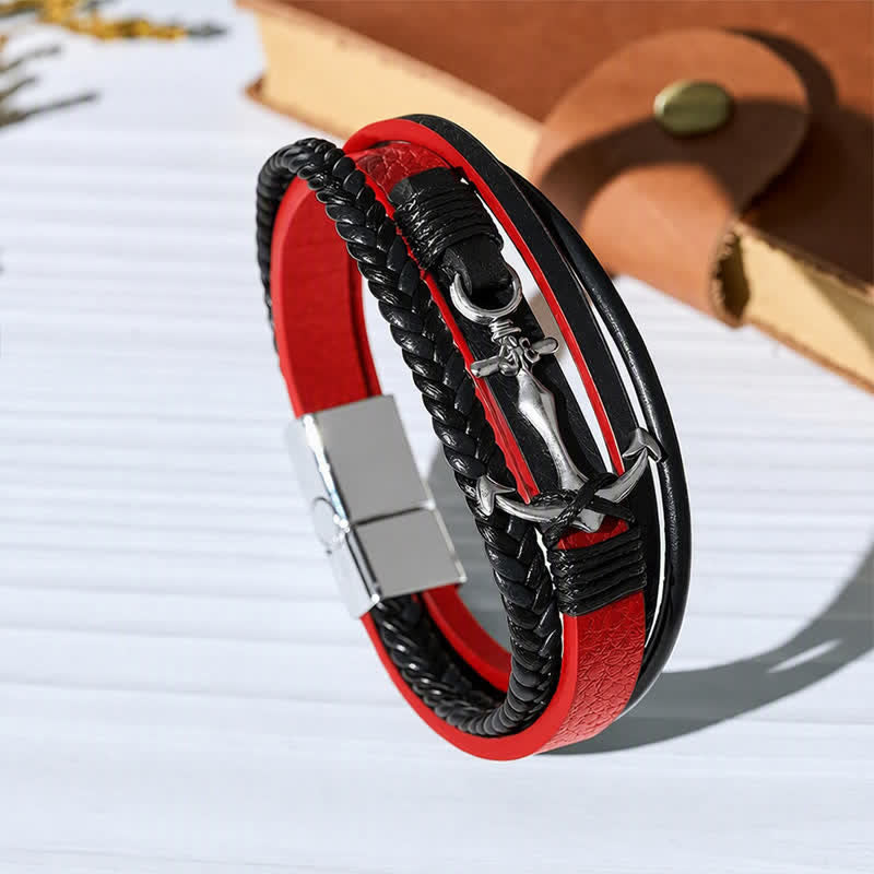 Bracciale in pelle con ancora nautica e chiusura regolabile a scatto, con bottone a pressione. - Rosso - image 9