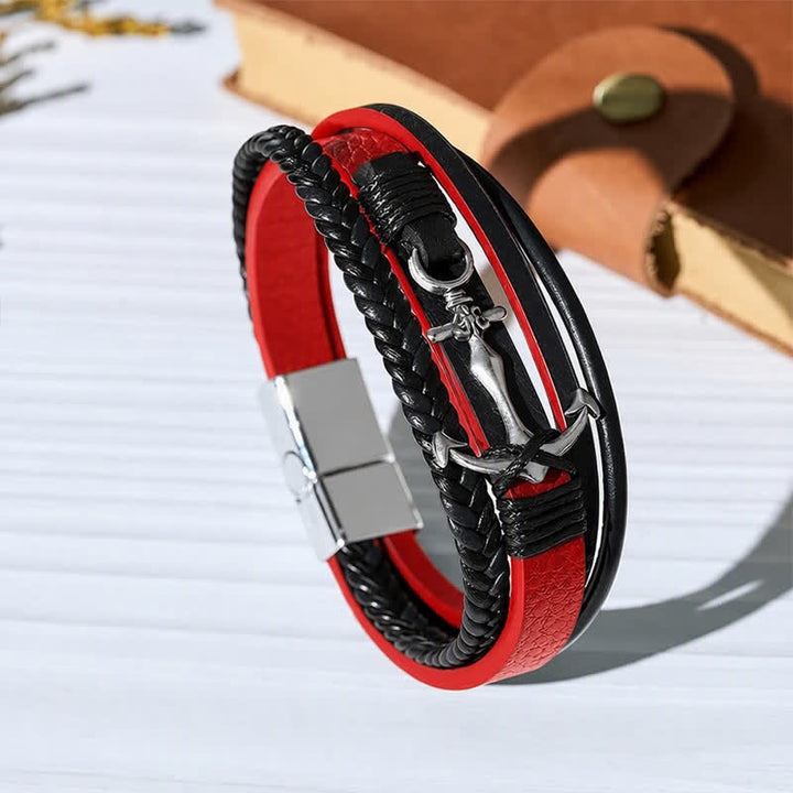 Bracciale in pelle con ancora nautica e chiusura regolabile a scatto, con bottone a pressione. - Rosso - image 9