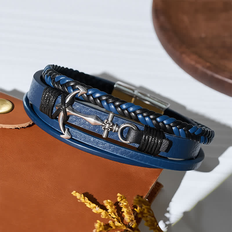 Bracciale in pelle con ancora nautica e chiusura regolabile a scatto, con bottone a pressione. - image 6