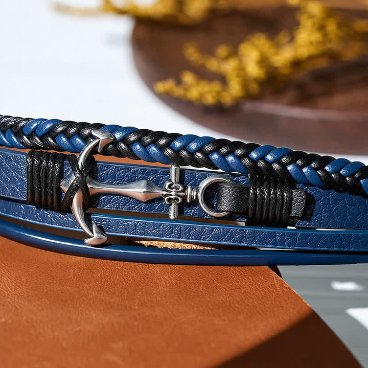 Bracciale in pelle con ancora nautica e chiusura regolabile a scatto, con bottone a pressione. - image 7