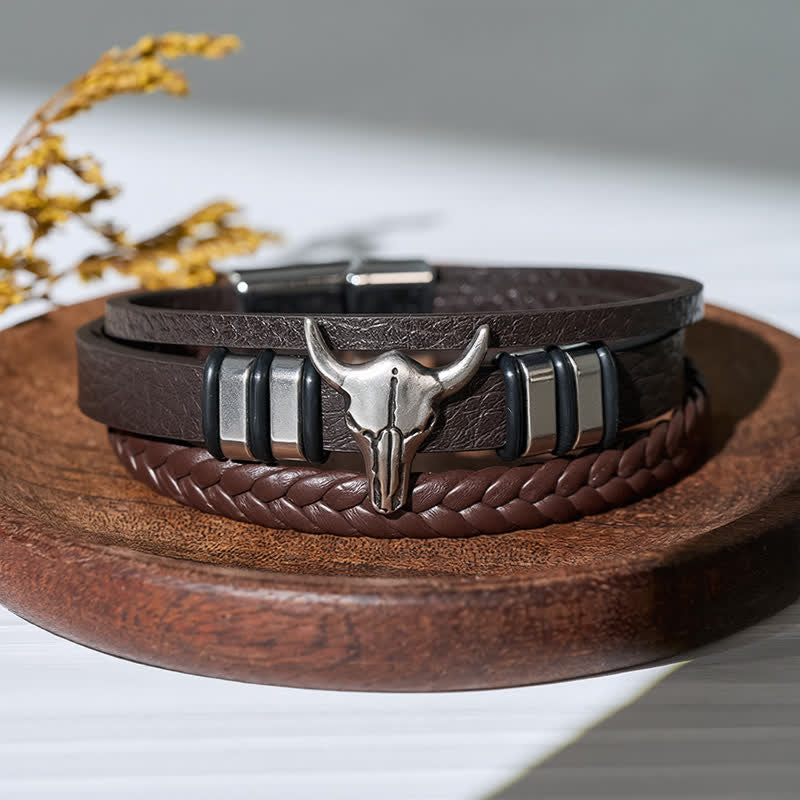 Bracciale in pelle intrecciata multistrato con testa di toro da cowboy western - Caffè - image 3