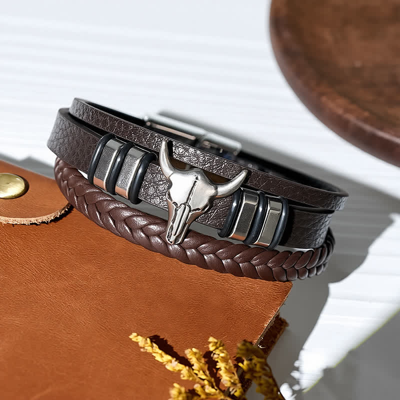 Bracciale in pelle intrecciata multistrato con testa di toro da cowboy western - image 5