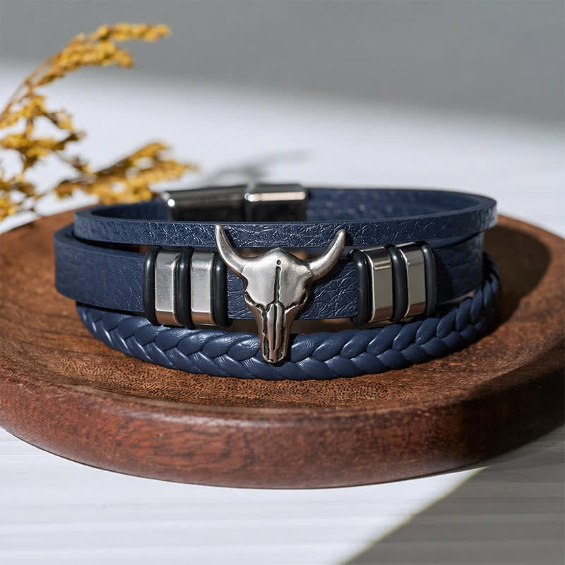 Bracciale in pelle intrecciata multistrato con testa di toro da cowboy western - Blu reale - image 7
