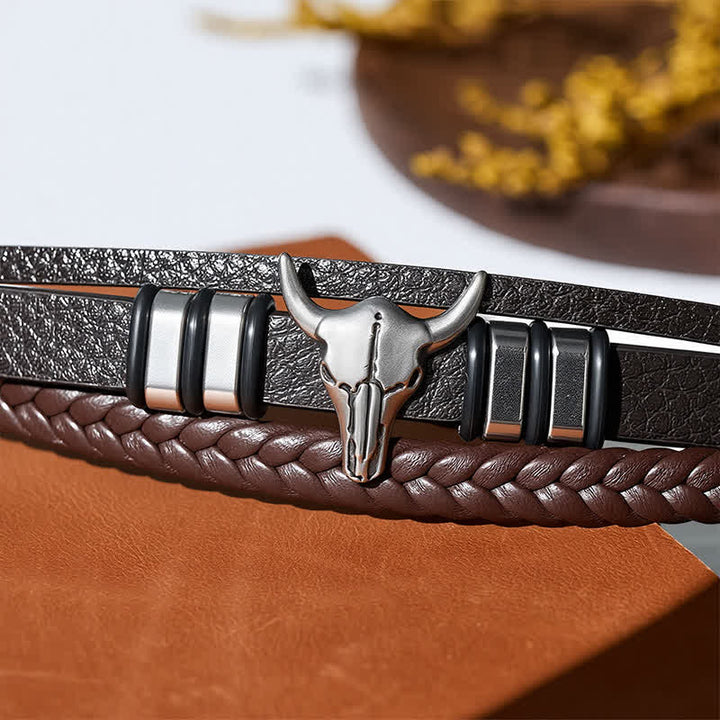 Bracciale in pelle intrecciata multistrato con testa di toro da cowboy western - image 6