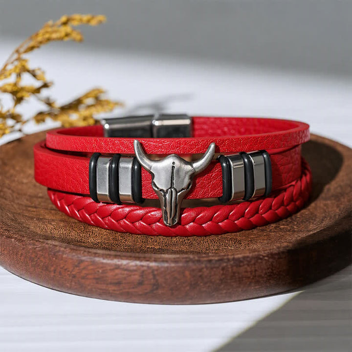 Bracciale in pelle intrecciata multistrato con testa di toro da cowboy western - Rosso - image 8