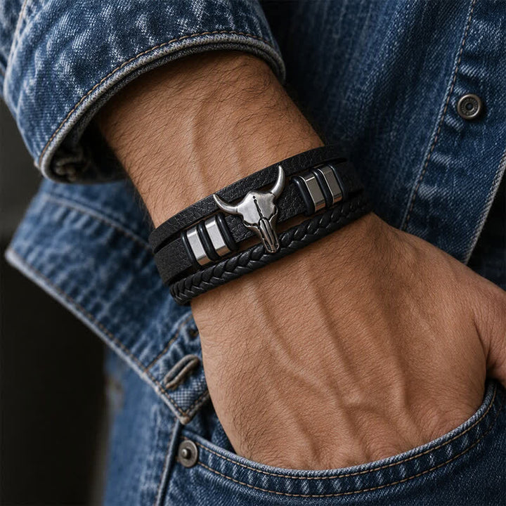 Bracciale in pelle intrecciata multistrato con testa di toro da cowboy western - image 1