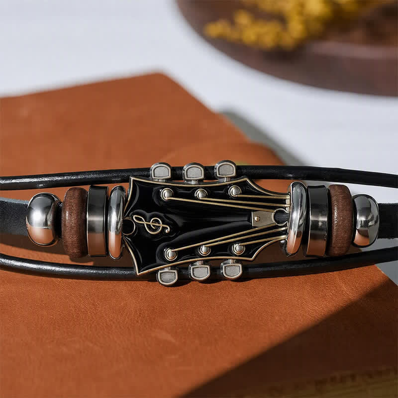 Bracciale in lega con testa di chitarra elettrica e cinturino in pelle - image 6