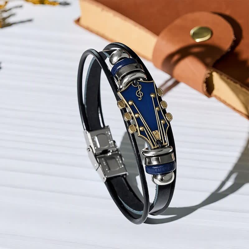 Bracciale in lega con testa di chitarra elettrica e cinturino in pelle - Blu - image 7