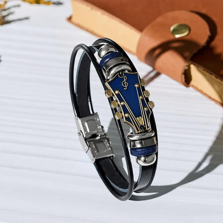 Bracciale in lega con testa di chitarra elettrica e cinturino in pelle - Blu - image 7
