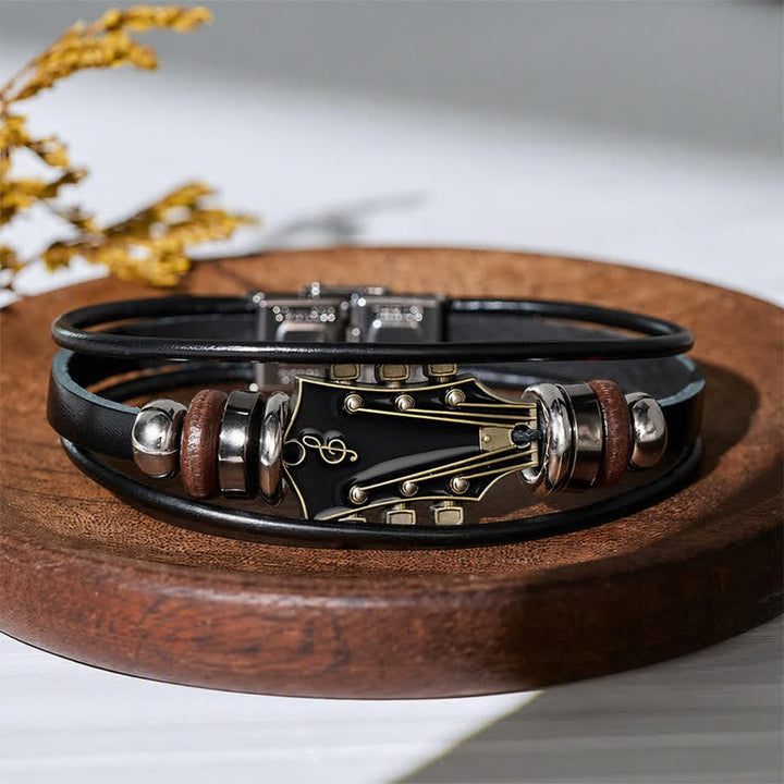 Bracciale in lega con testa di chitarra elettrica e cinturino in pelle - image 4