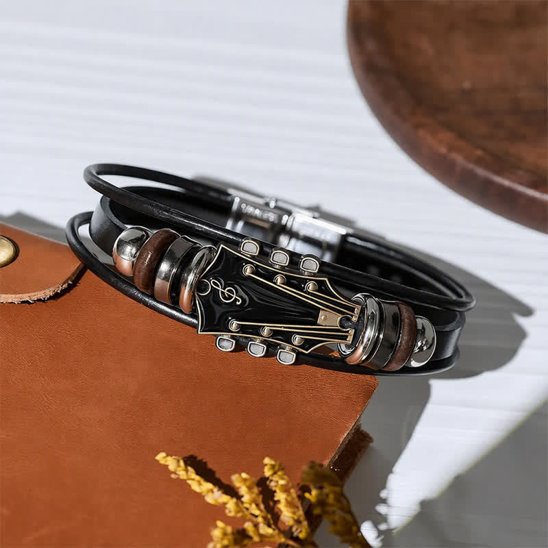 Bracciale in lega con testa di chitarra elettrica e cinturino in pelle - image 3