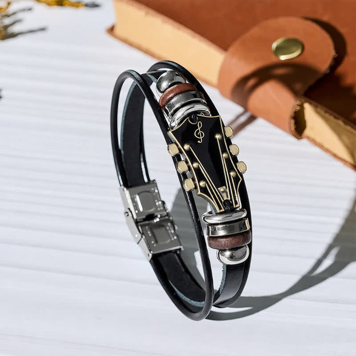 Bracciale in lega con testa di chitarra elettrica e cinturino in pelle - Nero - image 0