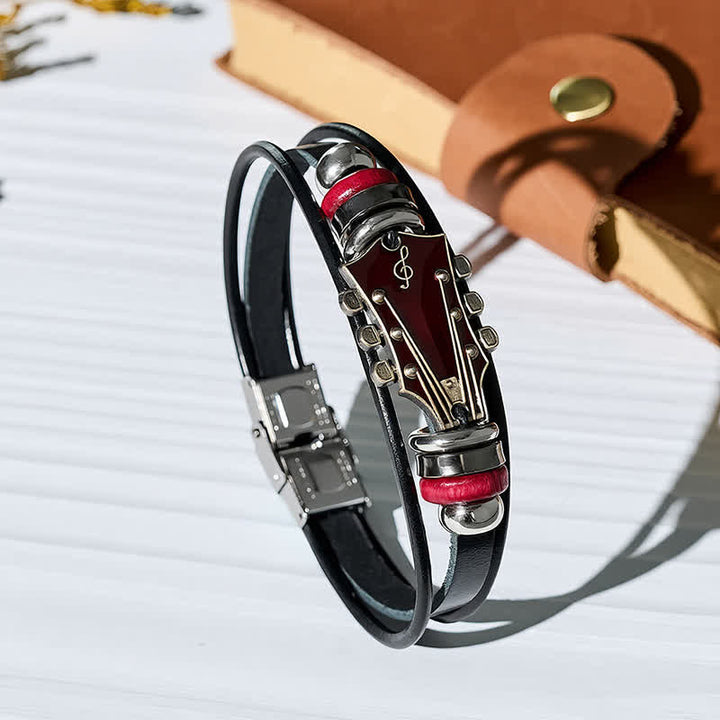 Bracciale in lega con testa di chitarra elettrica e cinturino in pelle - Rosso - image 12